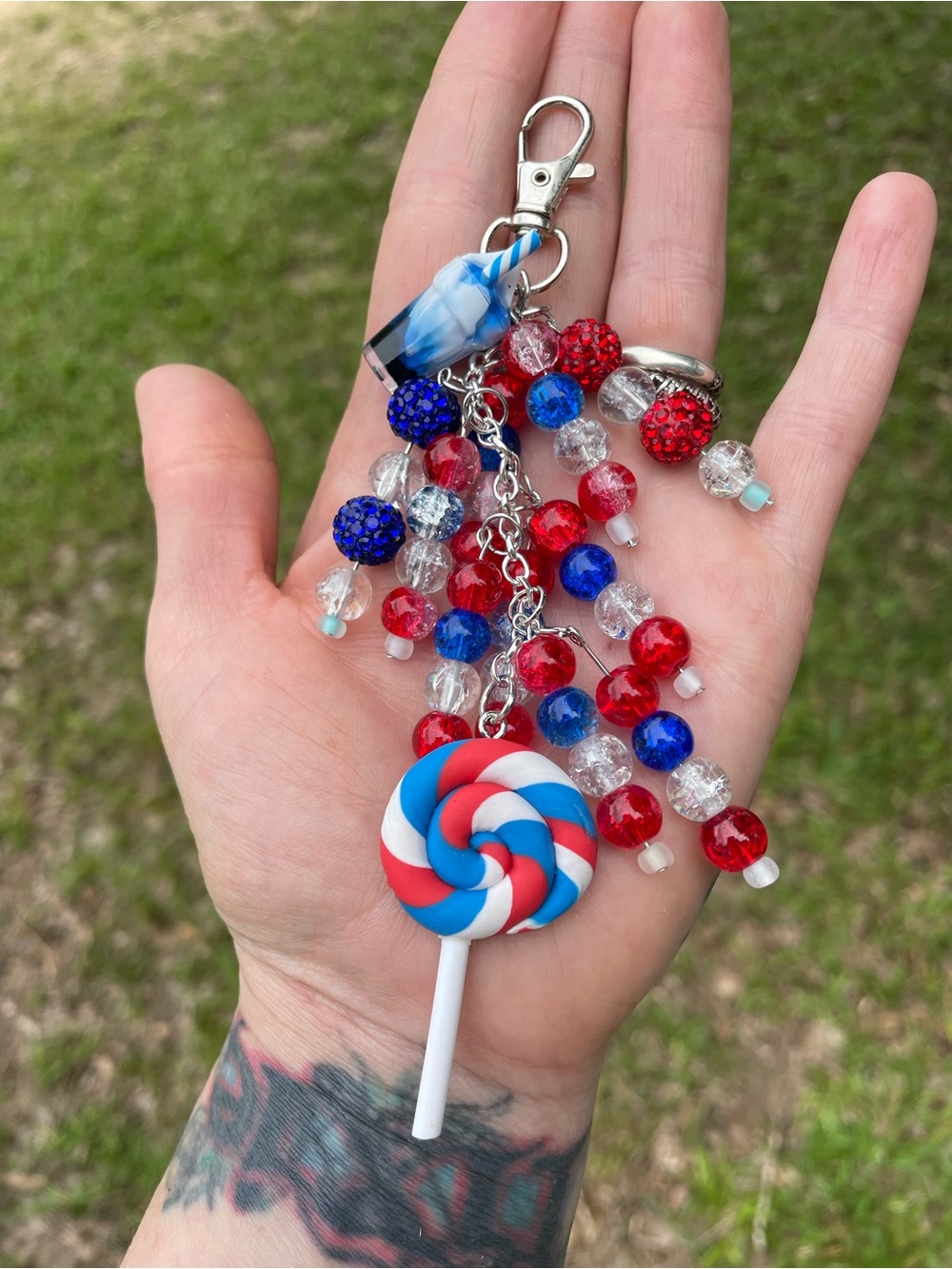 Red, White & Blue Lollipop Beaded Keychain Charm